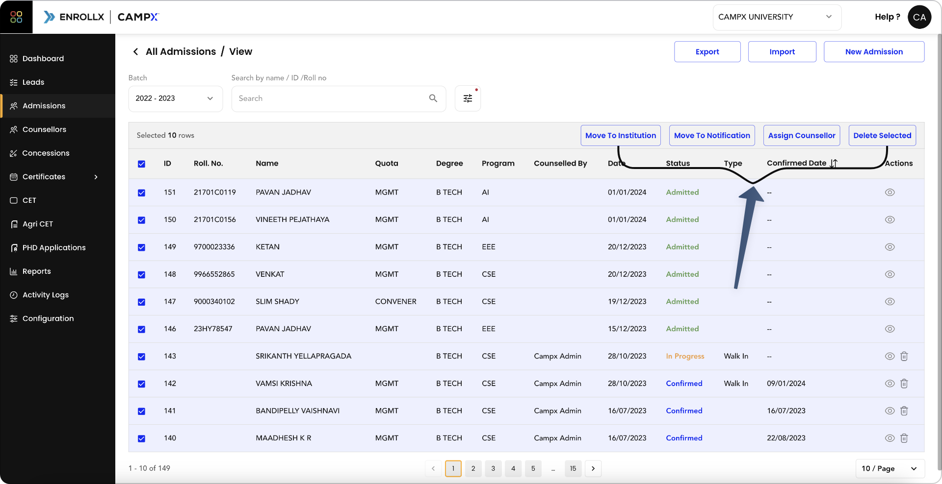 Screenshot for bulk admission actions 