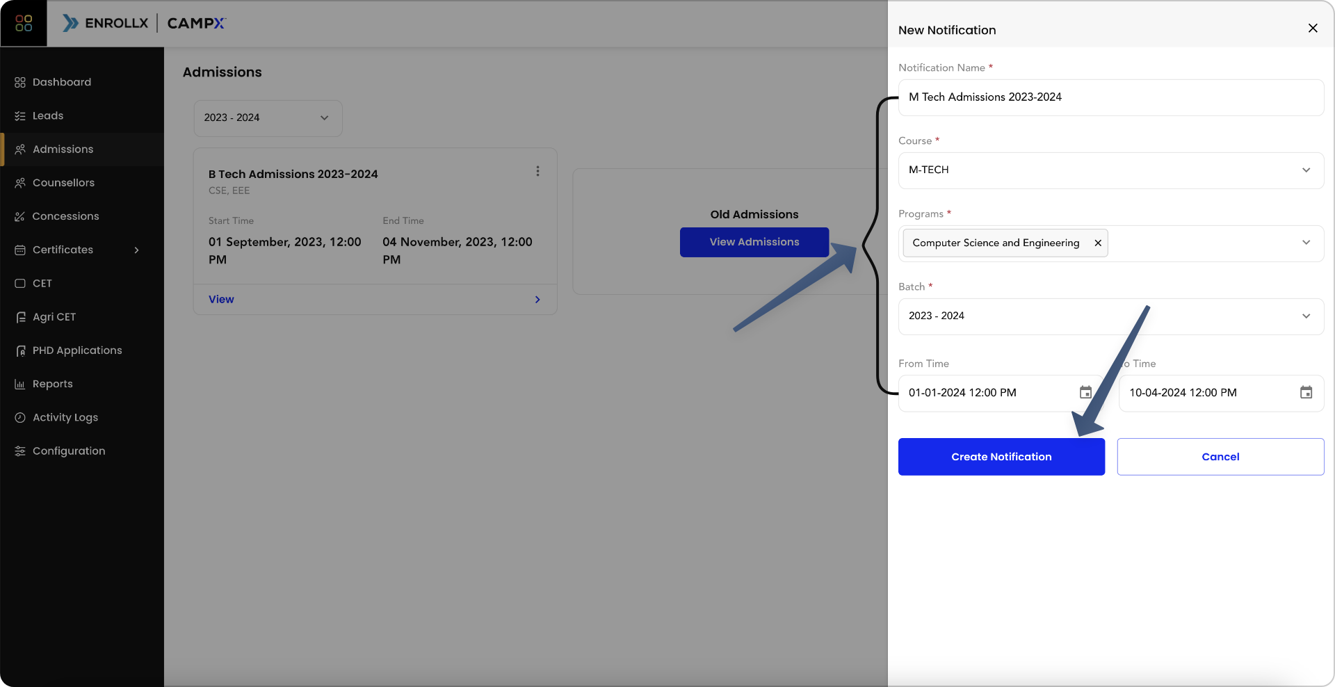 Screenshot for creation of Admission Notification 