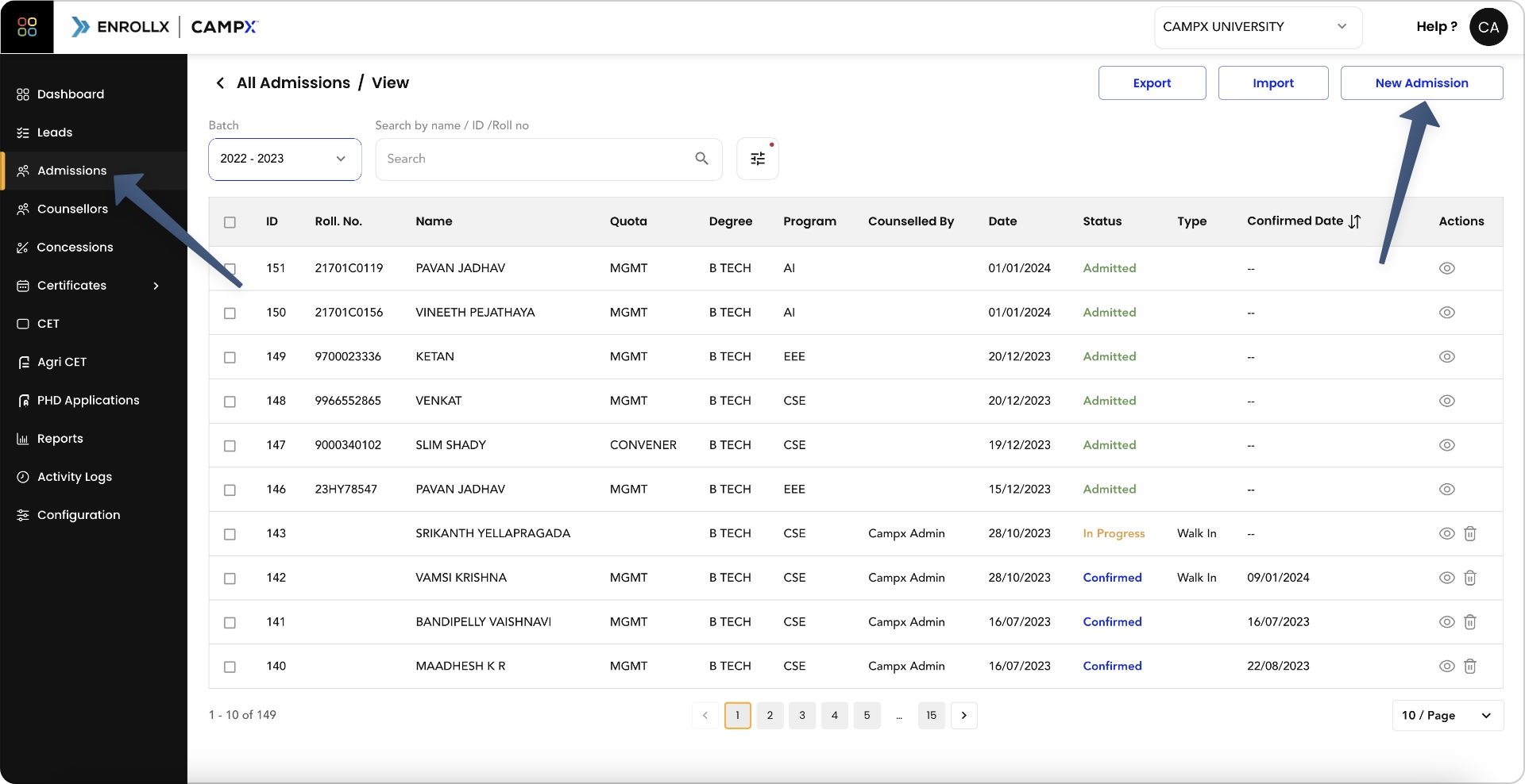 Screenshot for navigation to Admissions