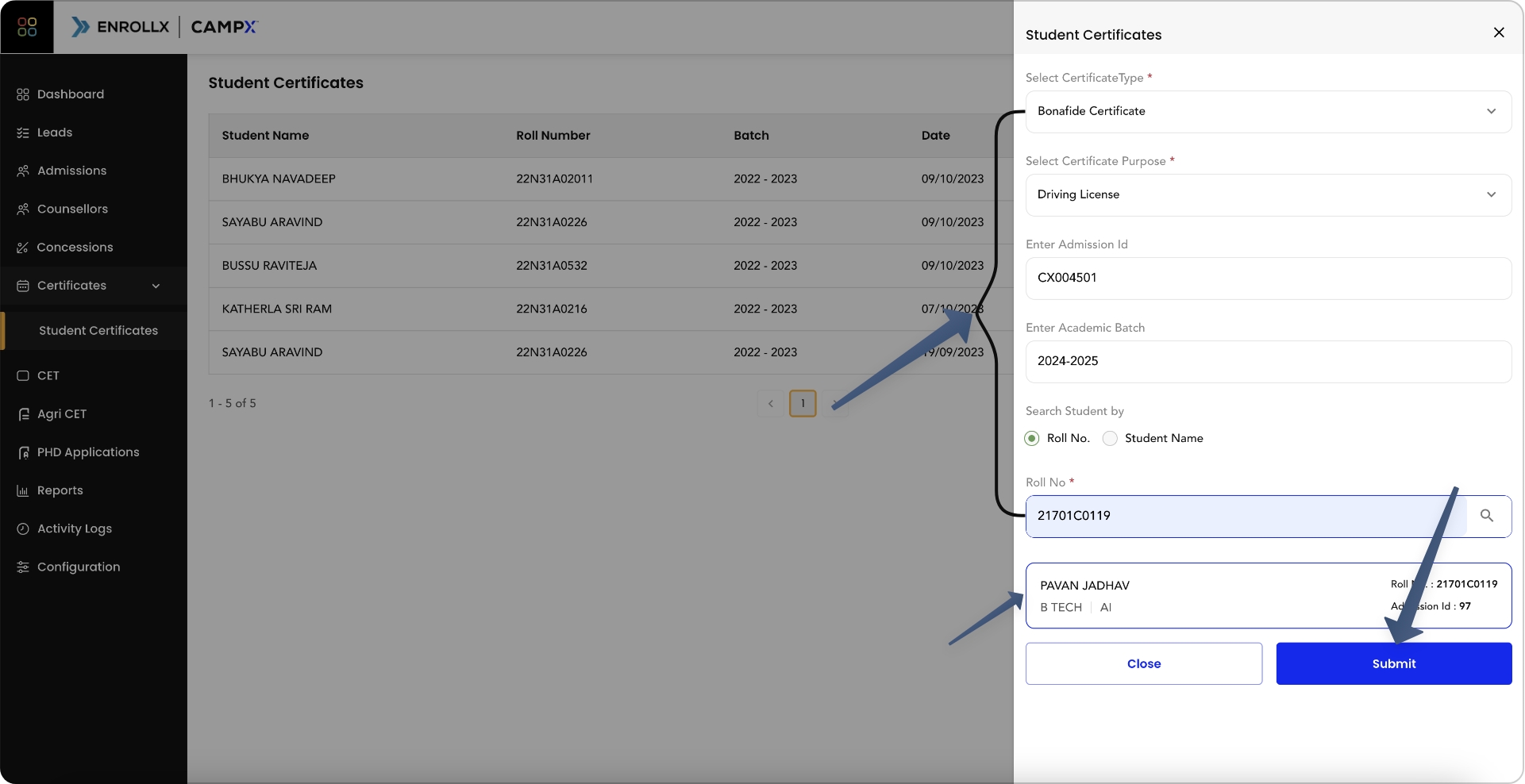 Screenshot for Certificate Creation for Student