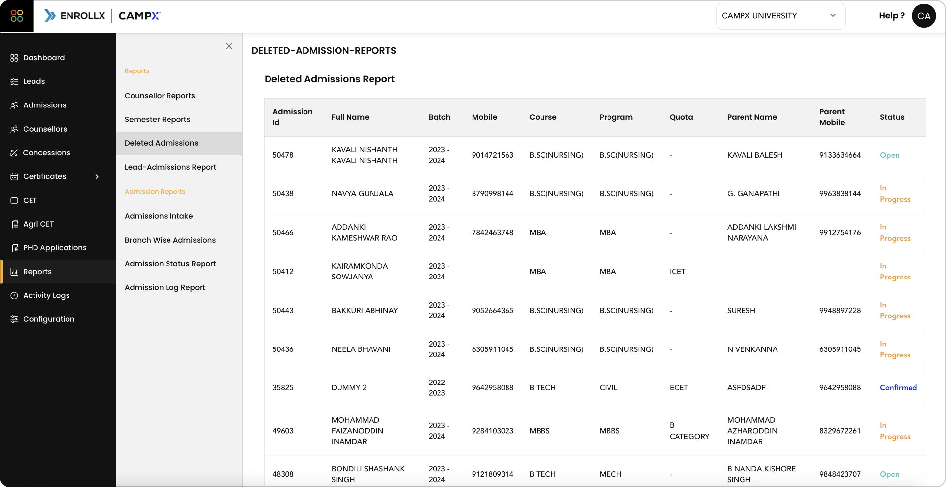 Deleted Admission Report