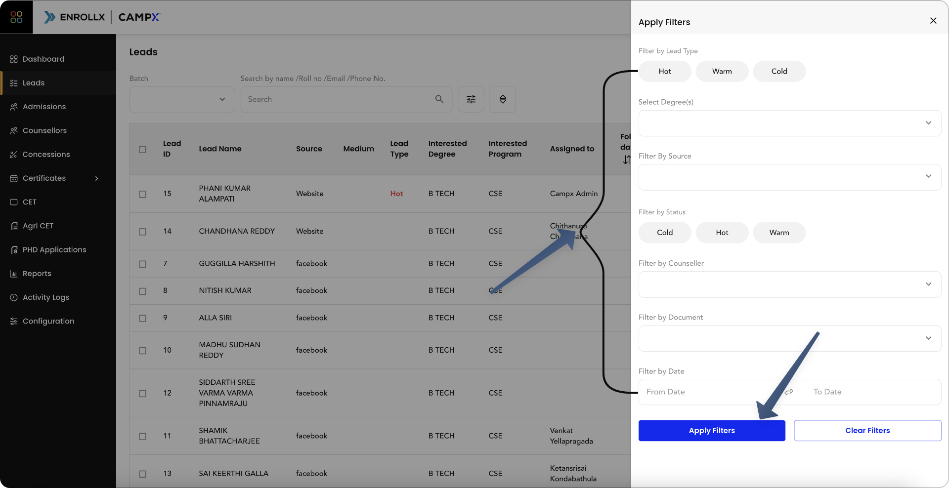 Screenshot for filtering leads 