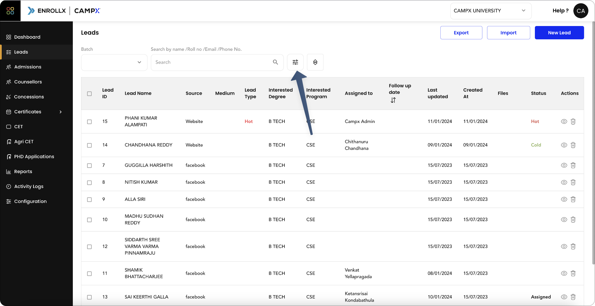 Screenshot for filtering leads  