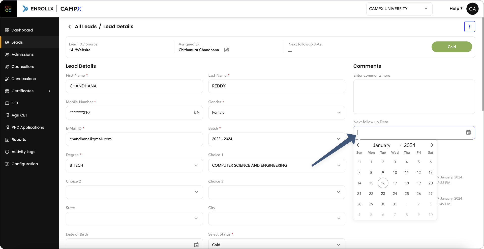 Screenshot for creating timeline for leads 