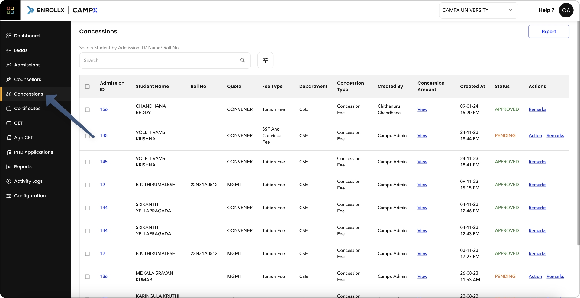 Screenshot for navigation to student concessions